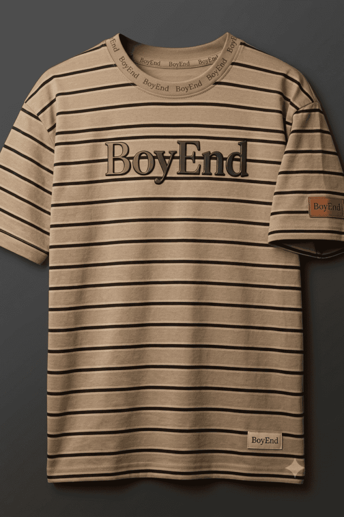 Beige & Black Horizontal Stripe Crew Neck Tee