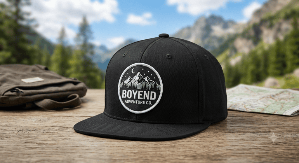 BoyEnd Black Flat Brim Mountain Patch Cap