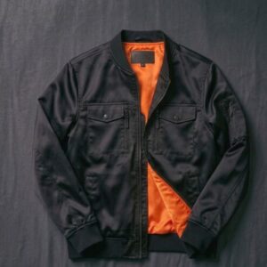 Black Satin Bomber Jacket with Orange Interior Lining