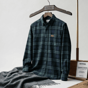 Dark Navy & Green Tartan Plaid Flannel Shirt