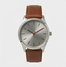 Silver Round Face Brown Leather Strap Analog Watch