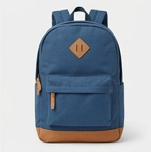 Steel Blue Canvas School Backpack with Tan Leather Bottom